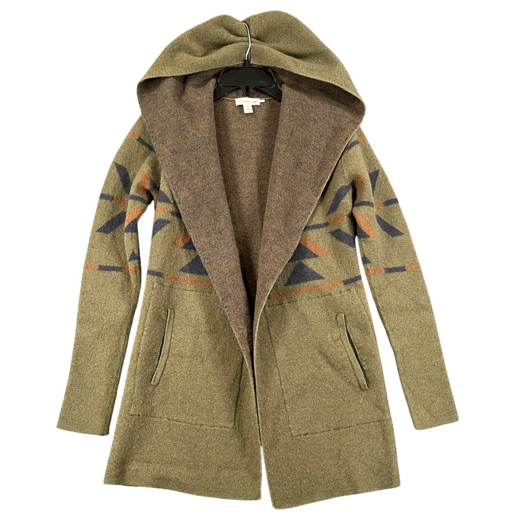 Toad&Co Merino Wool Hooded Cardigan Women S Aztec Print Open Front Sweater Coat